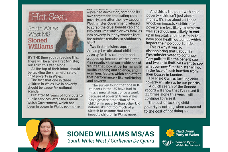 A dark green rectangle with a photograph of Sioned Williams’ Glamorgan Gazette article at the centre top. At the bottom, on a white stripe, is a small headshot of Sioned, her name, region and the logos of the Senedd and Plaid Cymru. The wording for the article is contained on a News page of Sioned’s website, a link to which is within the social media post