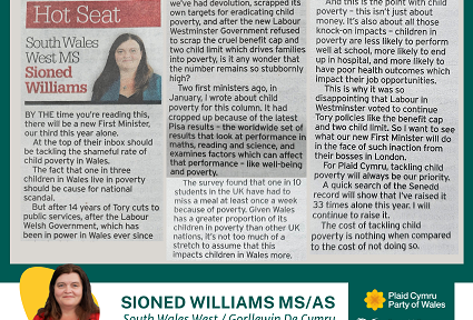 Petryal gwyrdd tywyll gyda ffotograff o erthygl Sioned Williams yn y Glamorgan Gazette yn y canol ar y brig. Ar y gwaelod, ar streipen wen, mae llun bach o Sioned, ei henw, ei rhanbarth a logos y Senedd a Phlaid Cymru. Mae geiriad yr erthygl wedi'i gynnwys ar dudalen Newyddion gwefan Sioned, ac mae dolen iddi o fewn y post cyfryngau cymdeithasol.