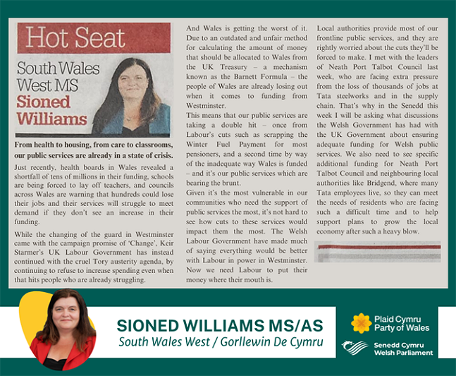 Delwedd yn dangos erthygl Sioned Williams yn y Glamorgan Gazette, y mae ei geiriad wedi'i gynnwys yn yr erthygl ar y wefan