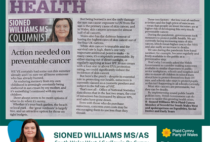 A dark green rectangle with a photograph of Sioned Williams’ article for the Western Mail Health pages at the centre top. At the bottom, on a white stripe, is a small headshot of Sioned, her name, region and the logos of the Senedd and Plaid Cymru. The wording for the article is contained on a News page of Sioned’s website, a link to which is within the social media post