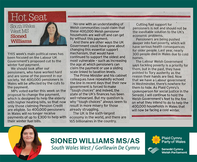A dark green rectangle with a photograph of Sioned Williams’ Glamorgan Gazette article at the centre top. At the bottom, on a white stripe, is a small headshot of Sioned, her name, region and the logos of the Senedd and Plaid Cymru. The wording for the article is contained on a News page of Sioned’s website, a link to which is within the social media post