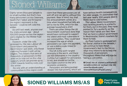 Petryal gwyrdd tywyll gyda ffotograff o erthygl Sioned Williams yn y South Wales Evening Post yn y canol ar y brig. Ar y gwaelod, ar streipen wen, mae llun bach o Sioned, ei henw, ei rhanbarth a logos y Senedd a Phlaid Cymru. Mae geiriad yr erthygl wedi'i gynnwys ar dudalen Newyddion gwefan Sioned, ac mae dolen iddi o fewn y post cyfryngau cymdeithasol.