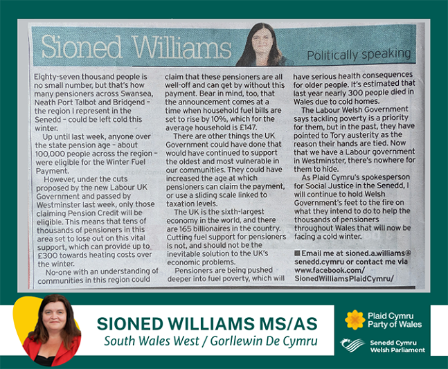 Petryal gwyrdd tywyll gyda ffotograff o erthygl Sioned Williams yn y South Wales Evening Post yn y canol ar y brig. Ar y gwaelod, ar streipen wen, mae llun bach o Sioned, ei henw, ei rhanbarth a logos y Senedd a Phlaid Cymru. Mae geiriad yr erthygl wedi'i gynnwys ar dudalen Newyddion gwefan Sioned, ac mae dolen iddi o fewn y post cyfryngau cymdeithasol.