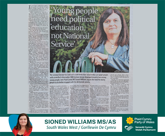 The image shows a photograph of the article written by Sioned Williams MS on the need for political education. The photo is set on a dark green background. Sioned's headshot, name, region and logos of the Senedd and Plaid Cymru are displayed on a white stripe across the bottom of the graphic. 