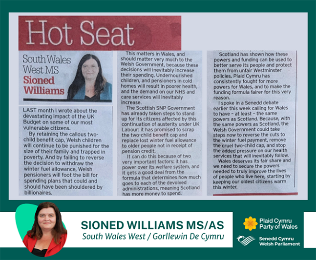 Sioned Williams’ article in the Glamorgan – a photograph of the article set against a dark green background with Sioned Williams’ name, region and headshot at the bottom of the image. The wording in the article is replicated in the webpage.