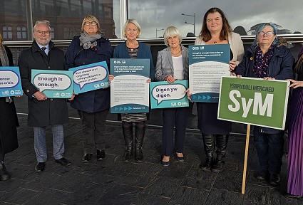 Sioned and other women holding placards