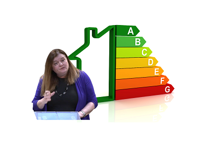 Sioned speaking in the Senedd and a picture of the energy efficiency rating card