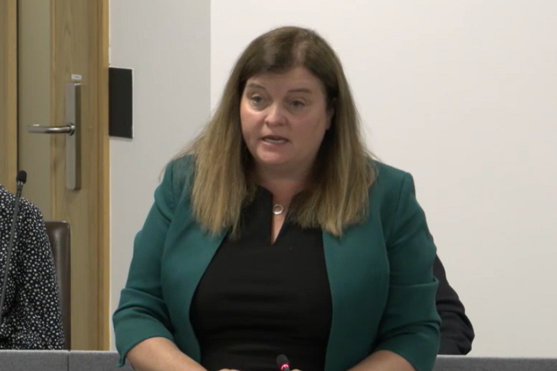 Mae Sioned Williams AS yn siarad yn Siambr Hywel, yn y Senedd