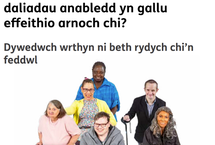Tudalen flaen yr arolwg gyda delwedd o dri dyn a thair menyw, pob un â math gwahanol o anabledd
