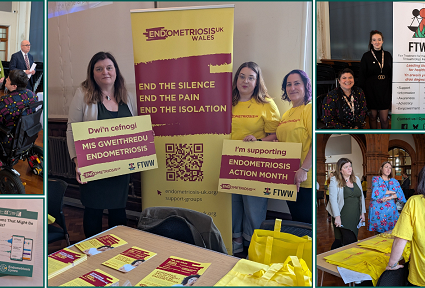 A collage of photos of Sioned Williams at an Endometriosis Event in the Pierhead Building in Cardiff Bay