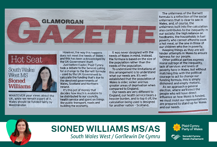Ffotograff o erthygl Sioned Williams yn y Glamorgan Gazette, y mae'r geiriau ar ei gyfer wedi'u cynnwys yn yr erthygl ar y wefan hon. Mae'r ffotograff ar gefndir gwyrdd tywyll.