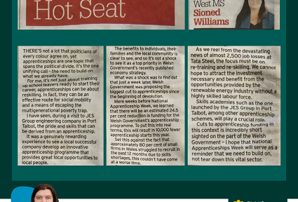 toriad o erthygl, a gyhoeddwyd yn y Glamorgan Gazette ddydd Iau 8 Chwefror 2024 (yn Saesneg) gyda cefndir gwyedd