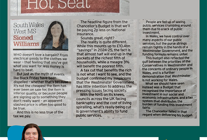 Toriad o erthygl papur newydd a gyhoeddwyd yn wreiddiol yn y Glamorgan Gazette ddydd Iau 14 Mawrth 2024. ar gefndir gwyrdd.