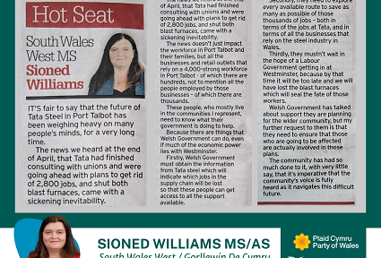 toriad o erthygl papur newydd - a gyhoeddwyd yn y Glamorgan Gazette ddydd Iau 9 Mai 2024. ar gefndir gwyrdd