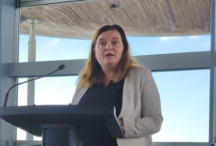 Mae Sioned Williams AS yn siarad mewn meicroffon, y tu ôl i ddarlithfa, y tu mewn i'r Senedd