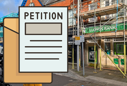 A photo of Lloyds Bank in Pontardawe with a clip art style image of a petition over the photo and to the left with the word 