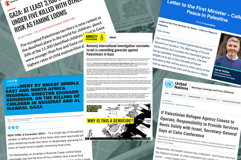 A collage of clippings from online news articles from Save the Children, UNICEF, UN General Secretary, Amnesty International and the Future Generations Commissioner for Wales, showing their statements mentioned by Sioned Williams in her question to the First Minister.