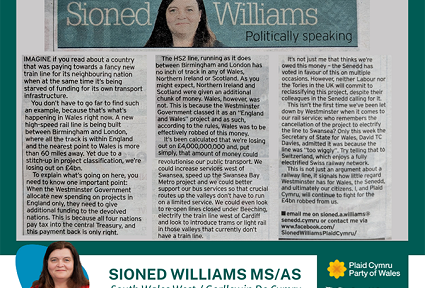Petryal gwyrdd tywyll gyda llun o erthygl Sioned Williams fel y mae'n ymddangos yn y South Wales Evening Post ar ddydd Iau 20 Mehefin 2024. Llun pen o Sioned Williams, gyda'i henw, rhanbarth a logos Plaid Cymru a'r Senedd ar y gwaelod.