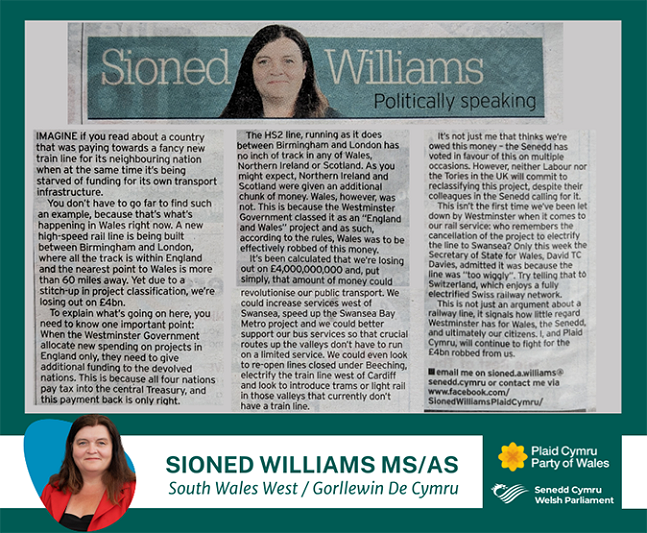 A dark green rectangle with a photo of Sioned Williams' article as it appears in the South Wales Evening Post on Thursday 20 June 2024. A headshot of Sioned Williams, with her name, region and logos of Plaid Cymru and the Senedd at the bottom.