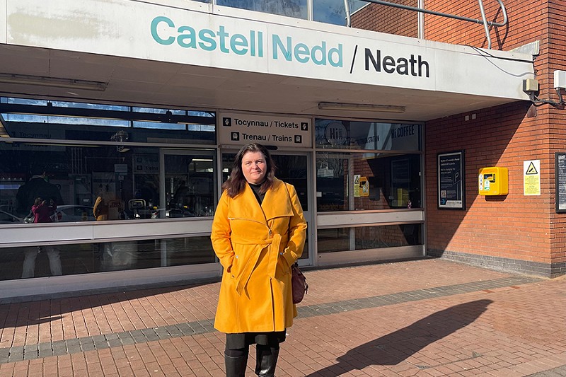 sioned williams standing outside neath railway station