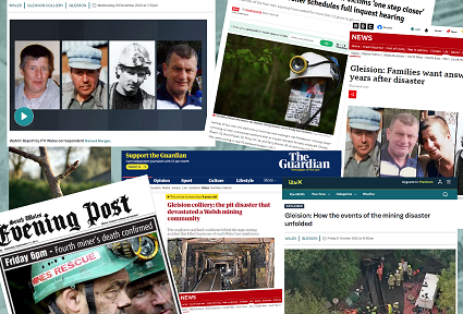 casgliad o ddelweddau o erthyglau newyddion ar drychineb y mwyngloddio
