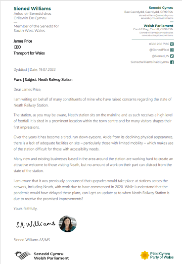 Letter on headed paper