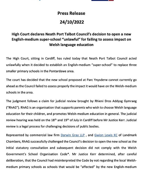 press release about the Neath Port Talbot Council's decision to open a new English-medium super-school part 1