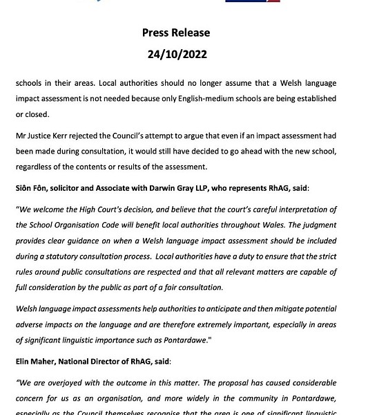 press release about the Neath Port Talbot Council's decision to open a new English-medium super-school part 2