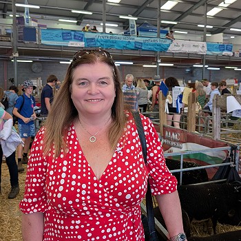 Sioned wrth ymyl y corlannau defaid