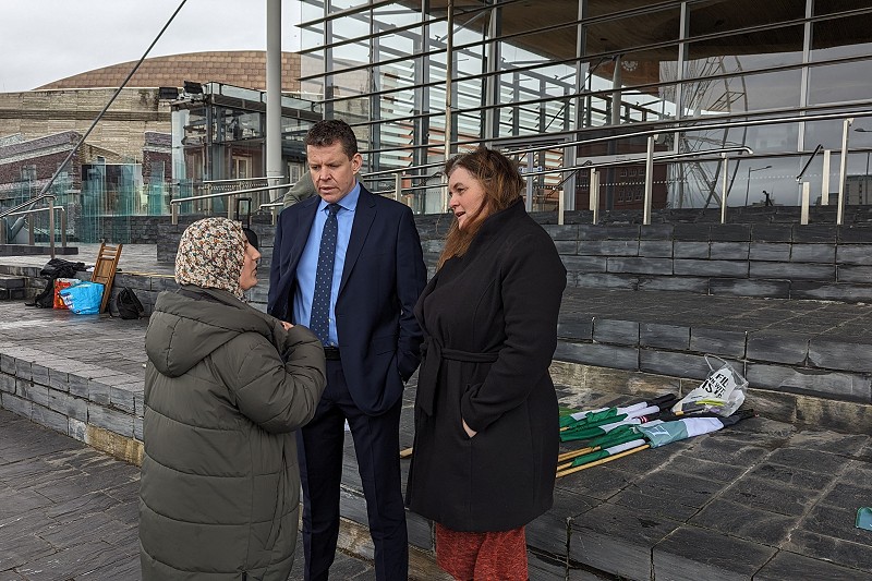 Sioned Williams with Rhun Ap Iorweth out site the Senedd being interviewed