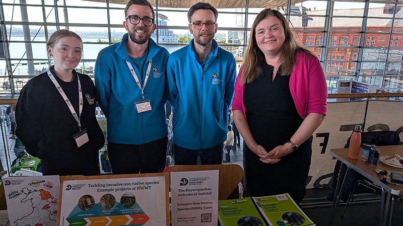 Sioned Williams MS stands with representatives from North Wales Wildlife Trust behind a table covered in information about their work. They are stood inside the Senedd.