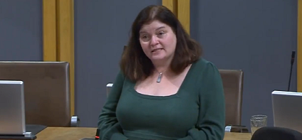 Sioned yn siarad yn siambr y Senedd yn gwisgo top gwyrdd