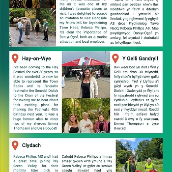 Mae gymaint o atgofion arbennig gen i am Dan-yr-Ogof – dyma un o hoff lefydd fy mhlant pan oedden nhw’n llai. Roeddwn yn falch o dderbyn gwahoddiad i ymweld â’r lleoliad, yng nghwmni fy nghyd-AS dros Frycheiniog Tawe Nedd, Rebeca Phillips AS. Mae pwysigrwydd Dan-yr-Ogof yn amlwg, fel atyniad i dwristiaid ac fel cyflogwr lleol. Dwi wedi bod yn dod i Ŵyl y Gelli ers dros 30 mlynedd, felly mae’n hyfryd nawr gallu cynrychioli Tref y Llyfrau a'i gŵyl wych yn y Senedd. Diolch i Gadeirydd yr Ŵyl am fy ngwahodd i glywed am eu cynlluniau cyffrous ar gyfer nodi pen-blwydd yr Ŵyl yn 40 oed y flwyddyn nesaf. Roedd hi’n fraint enfawr hefyd cwrdd â dwy o fy arwresau, Emma Thompson a Lyse Doucet! Cafodd Rebeca Phillips a finnau amser gwych wrth ymuno â ‘My Green Valley’ ar gyfer eu sesiwn casglu sbwriel fisol yng Nghlydach. Fe wnaethom ni dreulio amser yn cerdded ar hyd y gamlas, ac o amgylch rhannau o'r dref, gan gasglu sawl sach yn llawn sbwriel.