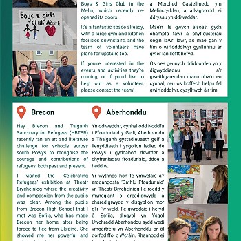 Rydyn ni mor ffodus yng Nghastell-nedd i gael lle mor wych i bobl ifanc - Clwb Bechgyn a Merched Castell-nedd ym Melincryddan, a ail-agorodd ei ddrysau yn ddiweddar. Mae’n lle gwych eisoes, gyda champfa fawr a chyfleusterau cegin lawr llawr, ac mae gan y tîm o wirfoddolwyr gynlluniau ar gyfer lan llofft hefyd. Os oes gennych ddiddordeb yn y digwyddiadau a’r gweithgareddau maen nhw’n eu cynnal, neu os hoffech helpu fel gwirfoddolwr, cysylltwch â’r tîm. Yn ddiweddar, cynhaliodd Noddfa i Ffoaduriaid y Gelli, Aberhonddu a Thalgarth gystadleuaeth gelf a llenyddiaeth i ysgolion ledled de Powys i gydnabod dewrder a chyfraniadau ffoaduriaid, ddoe a heddiw. Yr wythnos hon fe ymwelais â'r arddangosfa ‘Dathlu Ffoaduriaid’ yn Theatr Brycheiniog lle roedd y mynegiant o greadigrwydd a charedigrwydd y disgyblion mor glir i'w weld. Fe gwrddais i hefyd â Sofiia, disgybl yn Ysgol Uwchradd Aberhonddu sydd wedi ymgartrefu yn Aberhonddu ar ôl gorfod ffoi o Wcráin. Rhannodd ei barddoniaeth ingol a phwerus gyda fi. Da iawn i bawb a gymerodd ran ac sy'n gweithio i roi croeso i bobl sydd angen ein cymorth.