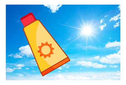 Sun in a blue sky and a graphic of a tube of sunscreen
