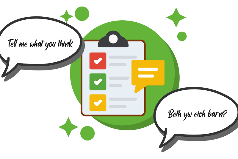 Image of a survey and a speech bubble asking tell me what you think