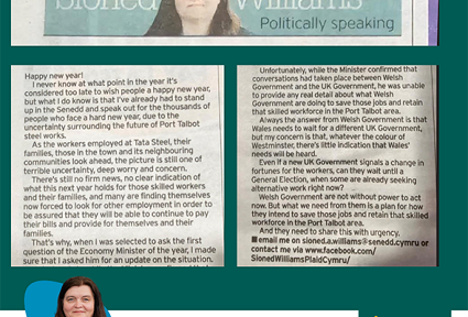 Cyhoeddwyd toriad newyddion Sioned Williams MS o'r erthygl yn y South Wales Evening Post ddydd Iau 18 Ionawr 2024. ar gefndir gwyrdd.