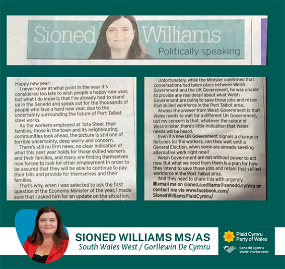 Cyhoeddwyd toriad newyddion Sioned Williams MS o'r erthygl yn y South Wales Evening Post ddydd Iau 18 Ionawr 2024. ar gefndir gwyrdd.