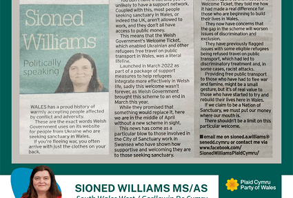 Petryal gwyrdd tywyll gyda llun o erthygl Sioned Williams fel y mae'n ymddangos yn y South Wales Evening Post ddydd Iau 18 Ebrill. Llun pen o Sioned Williams, gyda'i henw, rhanbarth a logos Plaid Cymru a'r Senedd ar y gwaelod.