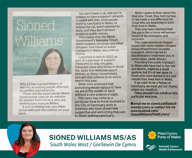 Petryal gwyrdd tywyll gyda llun o erthygl Sioned Williams fel y mae'n ymddangos yn y South Wales Evening Post ddydd Iau 18 Ebrill. Llun pen o Sioned Williams, gyda'i henw, rhanbarth a logos Plaid Cymru a'r Senedd ar y gwaelod.