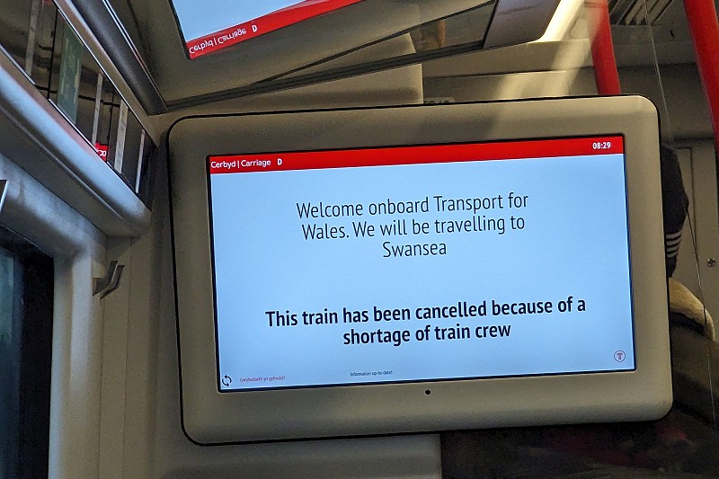 Sign saying the train has been cancelled due to lack of staff