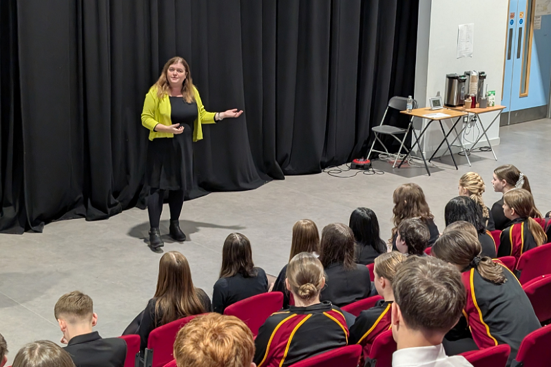 Sioned Williams is speaking to pupils in Ysgol Cwm Brombil