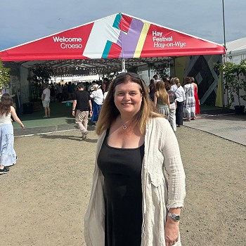 Sioned outside the Hay Book Festival entrance